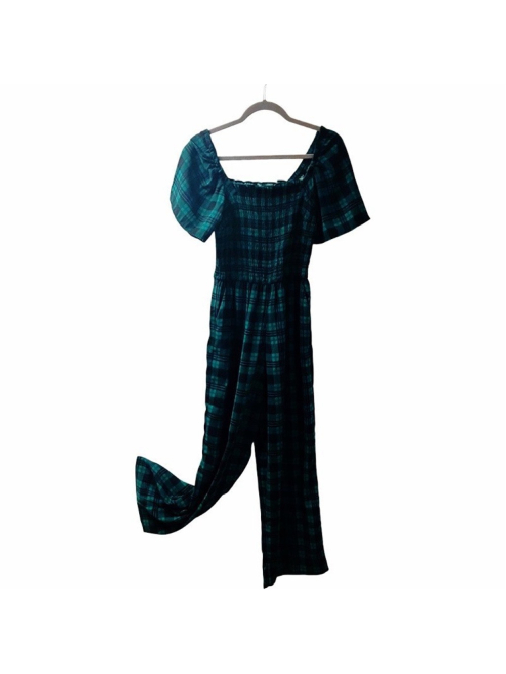 DRAPER JAMES Smocked Jumpsuit Plaid Wide Leg XS Green Black Southern Chic Preppy